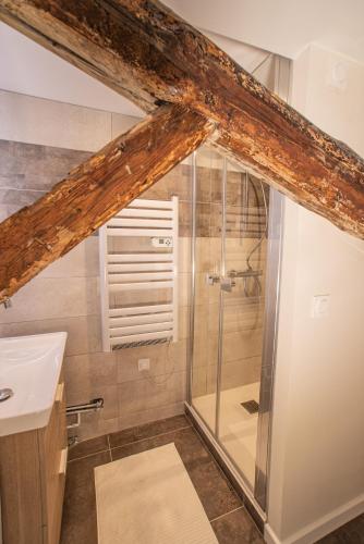 a bathroom with a shower with a glass shower stall at Appartement - Le Mikado - Hyper-centre - Wi-Fi- Espace de travail - Confort in Saint-Étienne