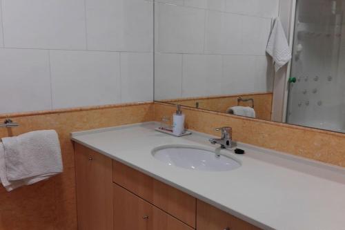een badkamer met een witte wastafel en een spiegel bij Grande, luminoso y con garage, 3 dormitorios en el camino de Santiago in Burgos