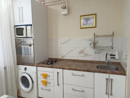 a kitchen with a sink and a washing machine at Apartment Ecaterina in Chişinău