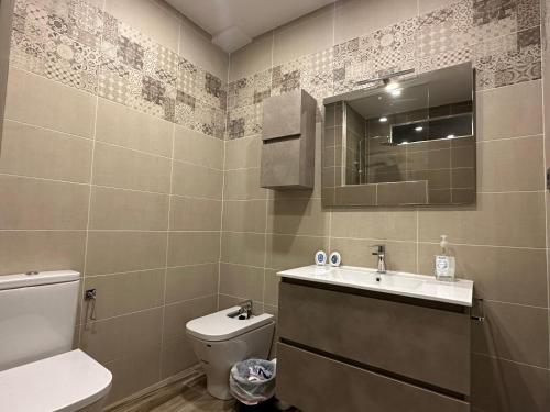 La salle de bains est pourvue de toilettes, d'un lavabo et d'un miroir. dans l'établissement Alamos Suite, à Jaén