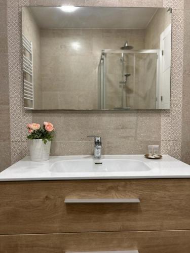 a bathroom sink with a mirror and a vase of flowers at Casa La Rosada in Garray