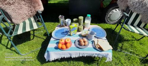 a picnic table with food on it in the grass at De Huifkar, bij Sneek aan elfstedenroute in Hommerts