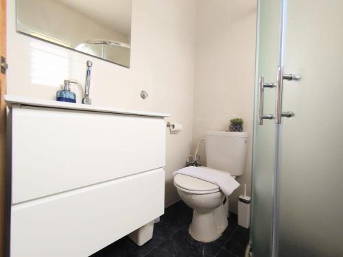 bagno con servizi igienici, lavandino e specchio di Spot in the Village פינה במושב a Livnim