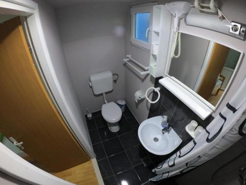 a bathroom with a sink and a toilet and a mirror at Villa Lyra in Trebinje