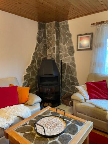a living room with a stone fireplace with two couches at Vintage Holiday House in Šoštanj