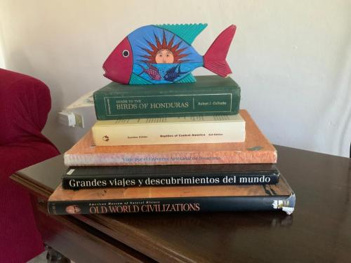 a stack of books on a table with a fish on top at Hostel Casa Verde, Tela Atlantida. in Tela