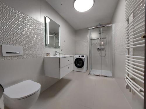 a bathroom with a toilet sink and a shower at Hotel Szatmári & Étterem Jászberény in Jászberény