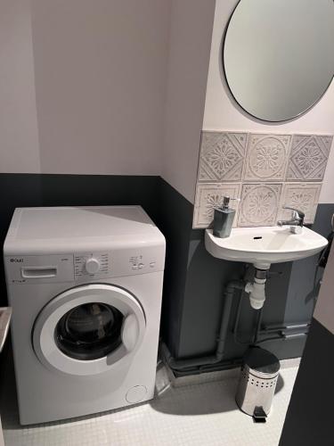 une salle de bain avec une machine à laver et un lavabo dans l'établissement Le Rabelais, superbe appartement en duplex, proche forteresse et monument historique, à Chinon