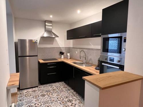 a kitchen with a stainless steel refrigerator and a sink at Villa du parc au cœur de Malo in Dunkerque