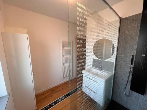 a bathroom with a shower with a sink and a mirror at Villa du parc au cœur de Malo in Dunkerque