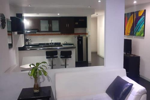 sala de estar con sofá y cocina en Apartamento centro. Espectaculares vistas, en Bogotá