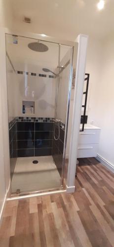 a shower with a glass door in a room at Chambre tout confort à l'étage in Conlie