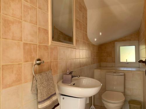 La salle de bains est pourvue d'un lavabo, de toilettes et d'un miroir. dans l'établissement Sunset Sea View Villa, à Ayia Napa