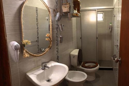 uma casa de banho com um lavatório, um WC e um espelho. em Hermoso lugar de descanso en Santa Ana a una cuadra de la playa em Balneario Argentino