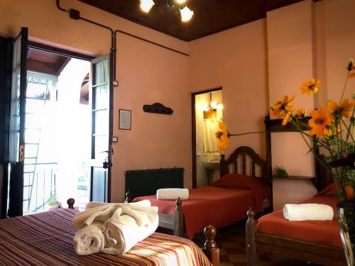 1 Schlafzimmer mit 2 Betten und einem Fenster in der Unterkunft Hostal Las Golondrinas in Bialet Massé