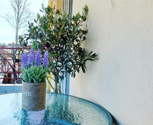 a glass table with a vase with purple flowers on it at FBM Anagenessis - Ευ Ζην in Edessa
