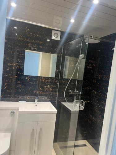 a bathroom with a shower and a sink and a mirror at Montreal House in Barkingside