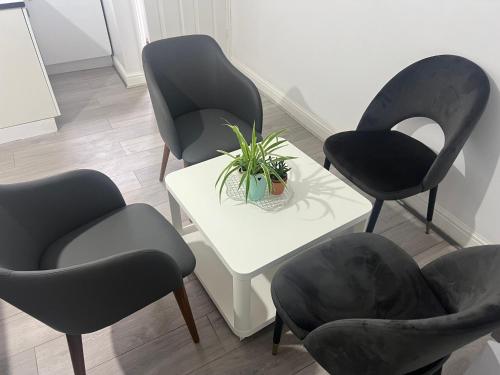 a group of chairs and a table with a plant at Montreal House in Barkingside