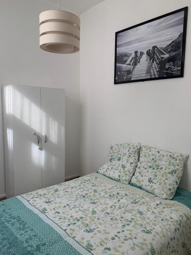 um quarto com uma cama com uma almofada e uma fotografia na parede em Le Voltaire 4 chez Adrien Hyper centre em Saint-Quentin