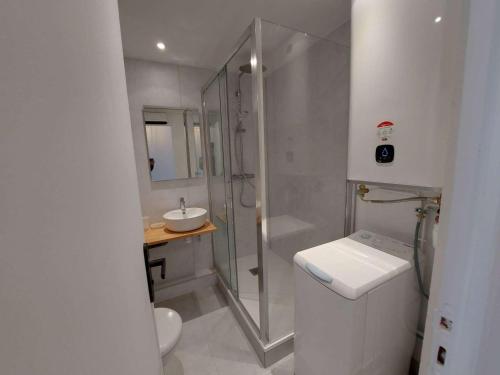 y baño con ducha, aseo y lavamanos. en Studio Marseillan-Plage, 1 pièce, 4 personnes - FR-1-326-781, en Marseillan
