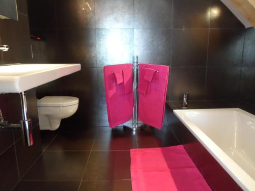 a bathroom with a pink toilet and a sink at Chalet Atelier in Davos