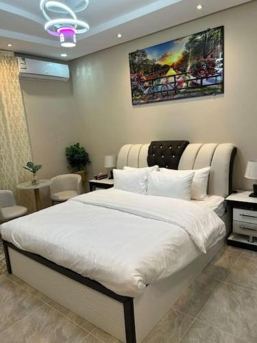 1 dormitorio con 1 cama blanca grande en una habitación en غرفة صغيرة ساحرة en Riad