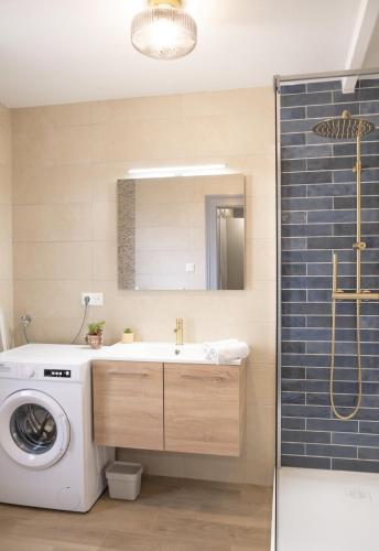 une salle de bain avec une machine à laver et un lavabo dans l'établissement Nouveau - Le Nid Savernois - Hyper centre, à Saverne