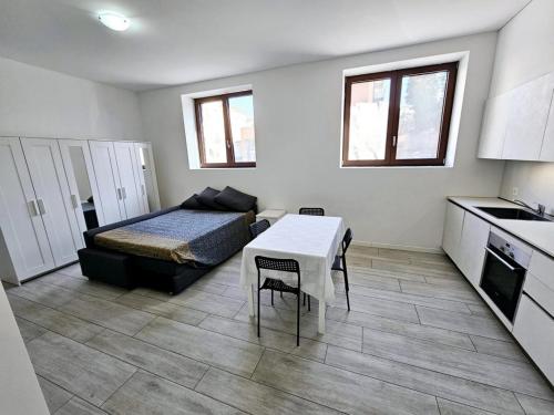 a room with a bed and a table and a kitchen at Monolocale a Mendrisio in Mendrisio