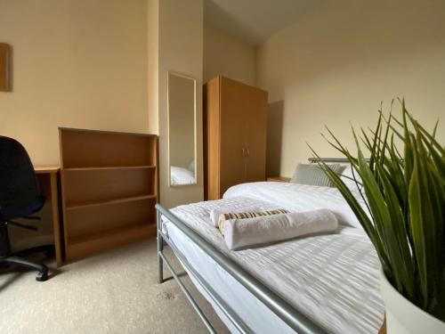 a bedroom with a bed and a chair and a plant at Nice Living Serviced Accommodations 5 in Coventry