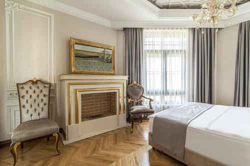 1 dormitorio con 1 cama y chimenea en Stylish Studio in Historic Mansion in Beylerbeyi, en Estambul