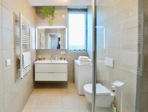 a bathroom with a toilet and a sink and a shower at Skyscraper-Feeling With Parking Nearby in Vienna