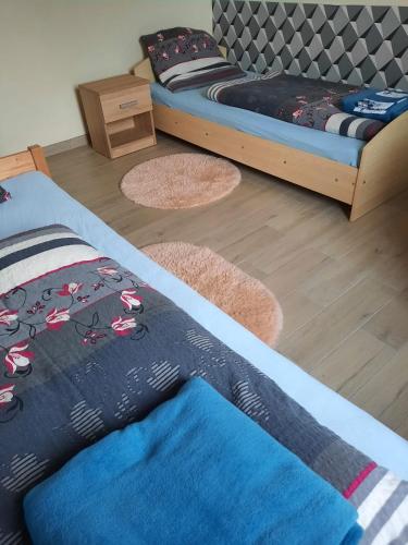 a bedroom with two beds and two rugs on the floor at Pensjonat Wiktoria Mielenko in Mielenko