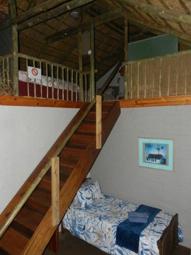 a bedroom with a bunk bed and a wooden staircase at Cozy cottage in the Cradle of Humankind in Muldersdrift