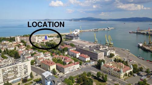 a view of a city with the words location at UNIQUE LOCATION APARTMENT WITH PARKING in Burgas City