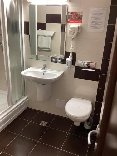 a bathroom with a sink and a toilet at Hotel-Restaurant Siesta Balea in Cumpăna