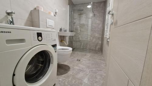 a washing machine in a bathroom with a toilet at PABLO PICASSO Premium Apartman in Niš