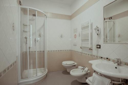 a bathroom with a shower and a toilet and a sink at Hotel Marisa in Rome