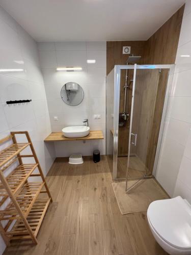 La salle de bains est pourvue d'une douche, de toilettes et d'un lavabo. dans l'établissement Huśtawka i Hamak - Domki z basenem nad morzem Ustka, à Ustka