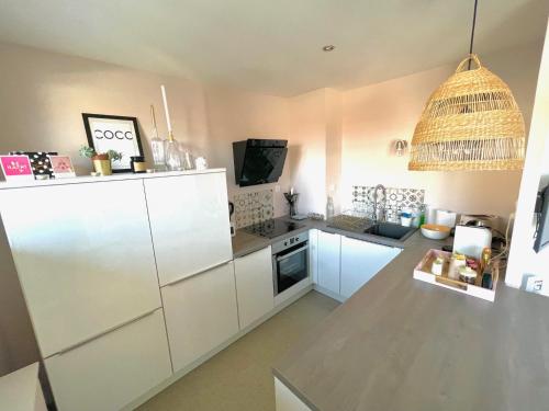 une cuisine avec des appareils électroménagers blancs et une lampe pendant dans l'établissement COSY HOME Annecy Rent Lodge, à Annecy