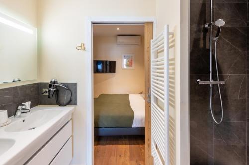 a bathroom with a sink and a shower and a bed at ALPES Annecy Rent Lodge in Annecy