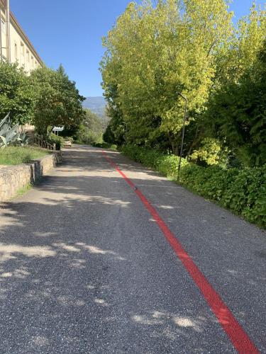 an empty road with a red line in the middle at Hotel Cemar in Mondariz