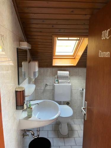 a bathroom with a sink and a toilet and a window at Naturfreundehaus Grosser Wald in Gaggenau