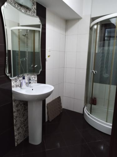 a bathroom with a sink and a mirror and a shower at A G Studio's Palas-Iasi 2 in Iaşi