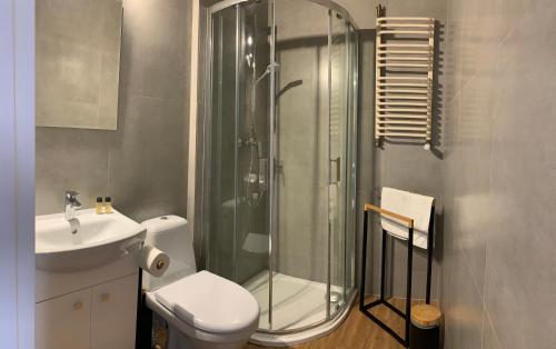 a bathroom with a shower and a toilet and a sink at Złota Rybka in Glinojeck