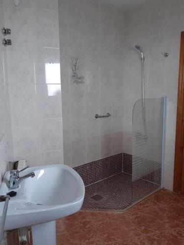uma casa de banho com um lavatório e um chuveiro com uma porta de vidro em El Fuerte em Benamaurel