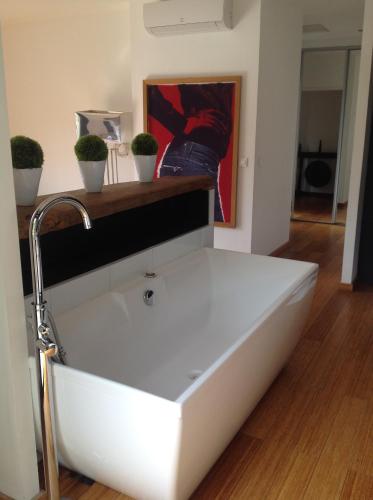 - un lavabo blanc dans une chambre avec des plantes en pot dans l'établissement Villa St Exupery, à Oletta