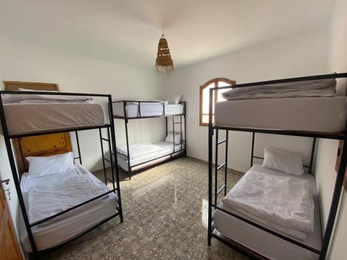a room with three bunk beds in it at Sable beach surf camp taghazout in Taghazout
