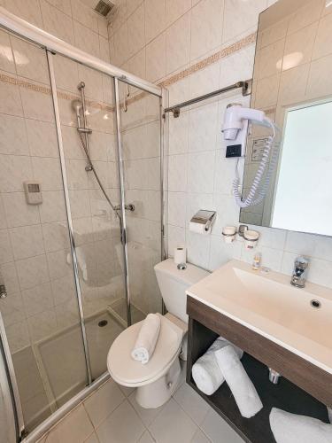 a bathroom with a shower and a toilet and a sink at Hôtel Posta Vecchia in Bastia