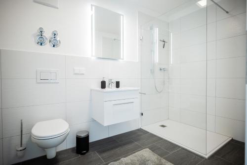 ein weißes Bad mit einem WC und einer Dusche in der Unterkunft Neben Forum Allgäu inkl. Balkon in Kempten