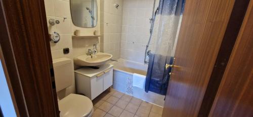 a bathroom with a sink and a toilet and a tub at ciao-aschau Gschwendtnerhof Ap19 SchölzkeM in Aschau
